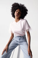 Feather Sleeve Trim T-Shirt - Pink