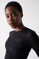 Round Neck Lace Detail Top - Black