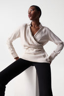 Satin Feel V Neck Blouse- Beige