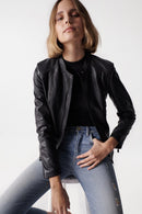 Round Neck Leather Jacket - Black