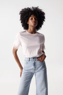 Feather Sleeve Trim T-Shirt - Pink