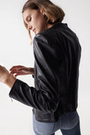 Round Neck Leather Jacket - Black
