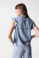 Ruffle Detail Sleeveless Blouse- Blue