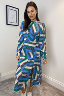 Cass Split Leg Midi Dress - Blue Mix Print