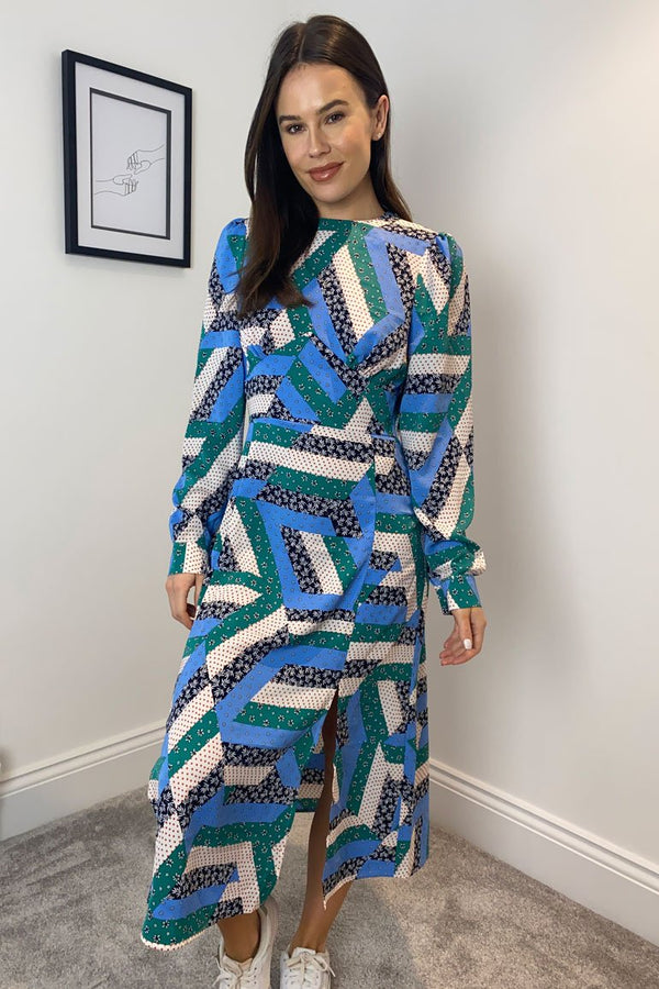 Cass Split Leg Midi Dress - Blue Mix Print