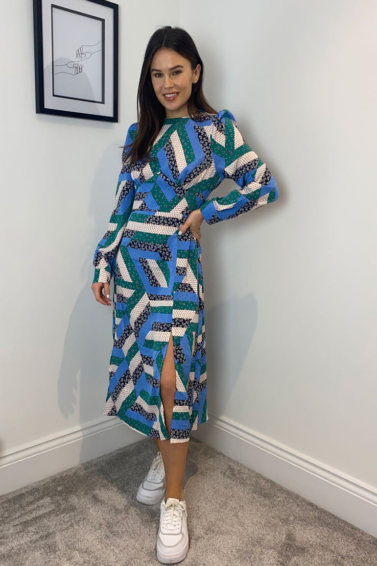 Cass Split Leg Midi Dress - Blue Mix Print