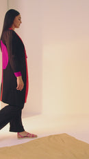 Color Bands Pleated Cardigan - Black/Coral