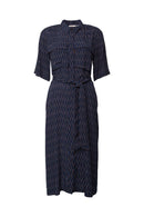 Belted Print Dress - Navy