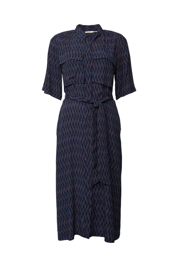 Belted Print Dress - Navy