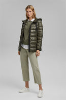 Casual Detachable Hood Quilted Ja - Khaki