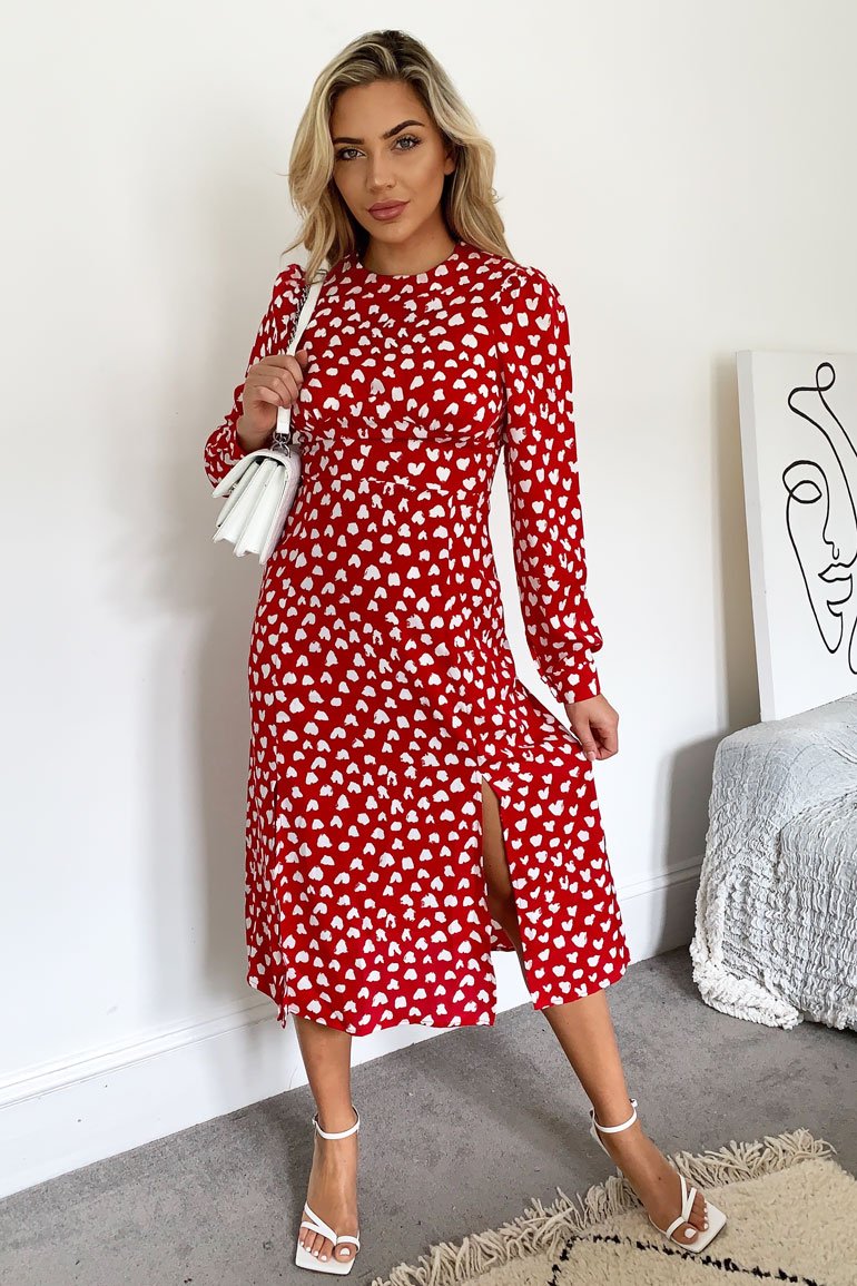 Cass Heart Midi Dress - Red Heart
