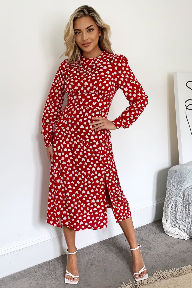 Cass Heart Midi Dress - Red Heart