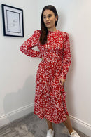 Cass Split Leg Midi Dress - Red Ditsy Floral