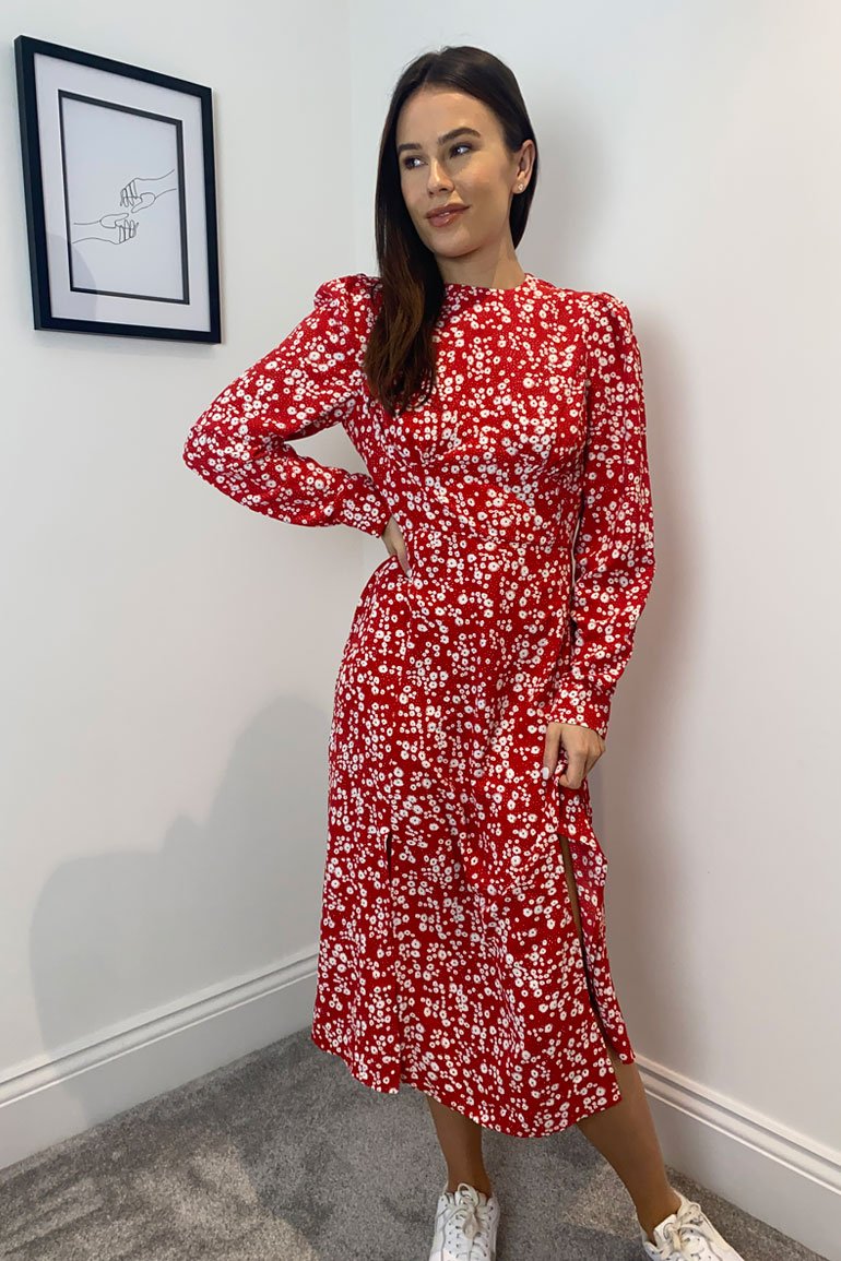 Cass Split Leg Midi Dress - Red Ditsy Floral