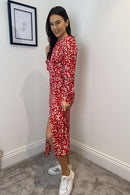 Cass Split Leg Midi Dress - Red Ditsy Floral