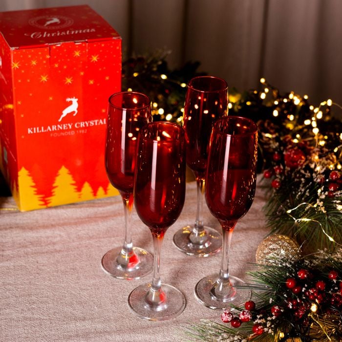 Set of 4 Red Champagne Flutes