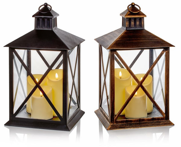 40cm Lantern with 3 LED Flickering Candles - Black