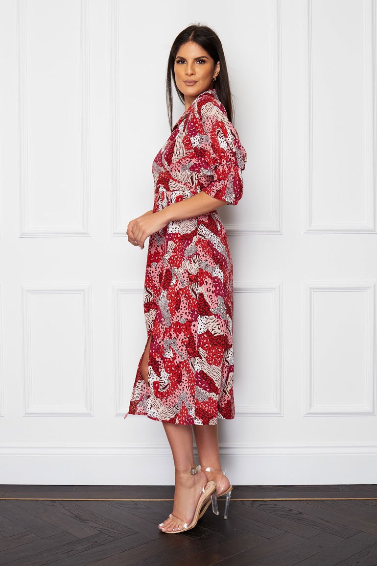 Katherine Collared Midi Dress - Red/pink