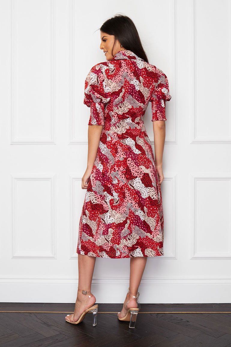 Katherine Collared Midi Dress - Red/pink