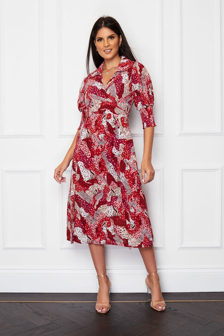 Katherine Collared Midi Dress - Red/pink