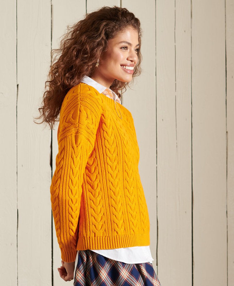 Dropped Shoulder Cable Crew Jumper - Track Gold