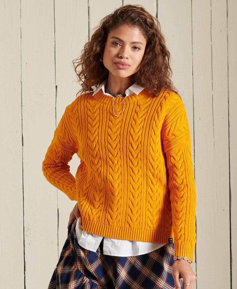 Dropped Shoulder Cable Crew Jumper - Track Gold