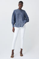 Collarless Denim Shirt - Mid Wash