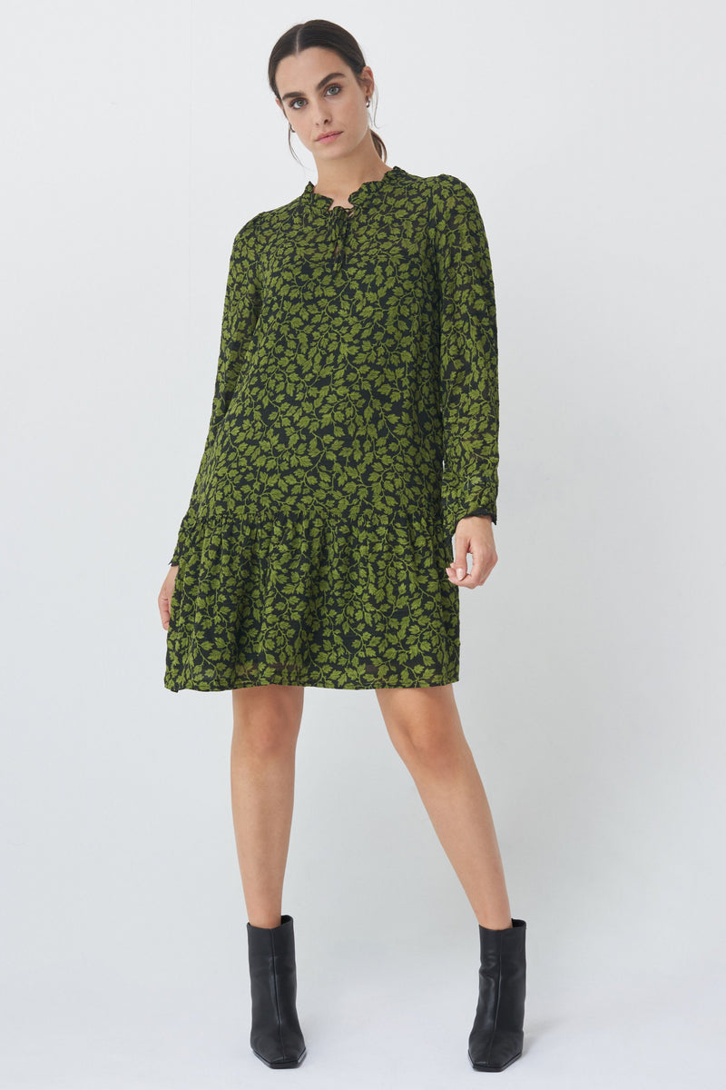 Long Sleeve Print Dress - Green Print