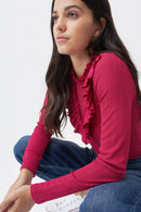 Ruffle Neck V Detail Jumper - Red