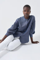 Collarless Denim Shirt - Mid Wash