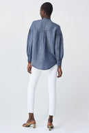 Collarless Denim Shirt - Mid Wash