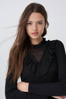 Ruffle Neck V Detail Jumper - Black