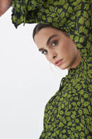 Long Sleeve Print Dress - Green Print