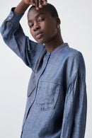 Collarless Denim Shirt - Mid Wash